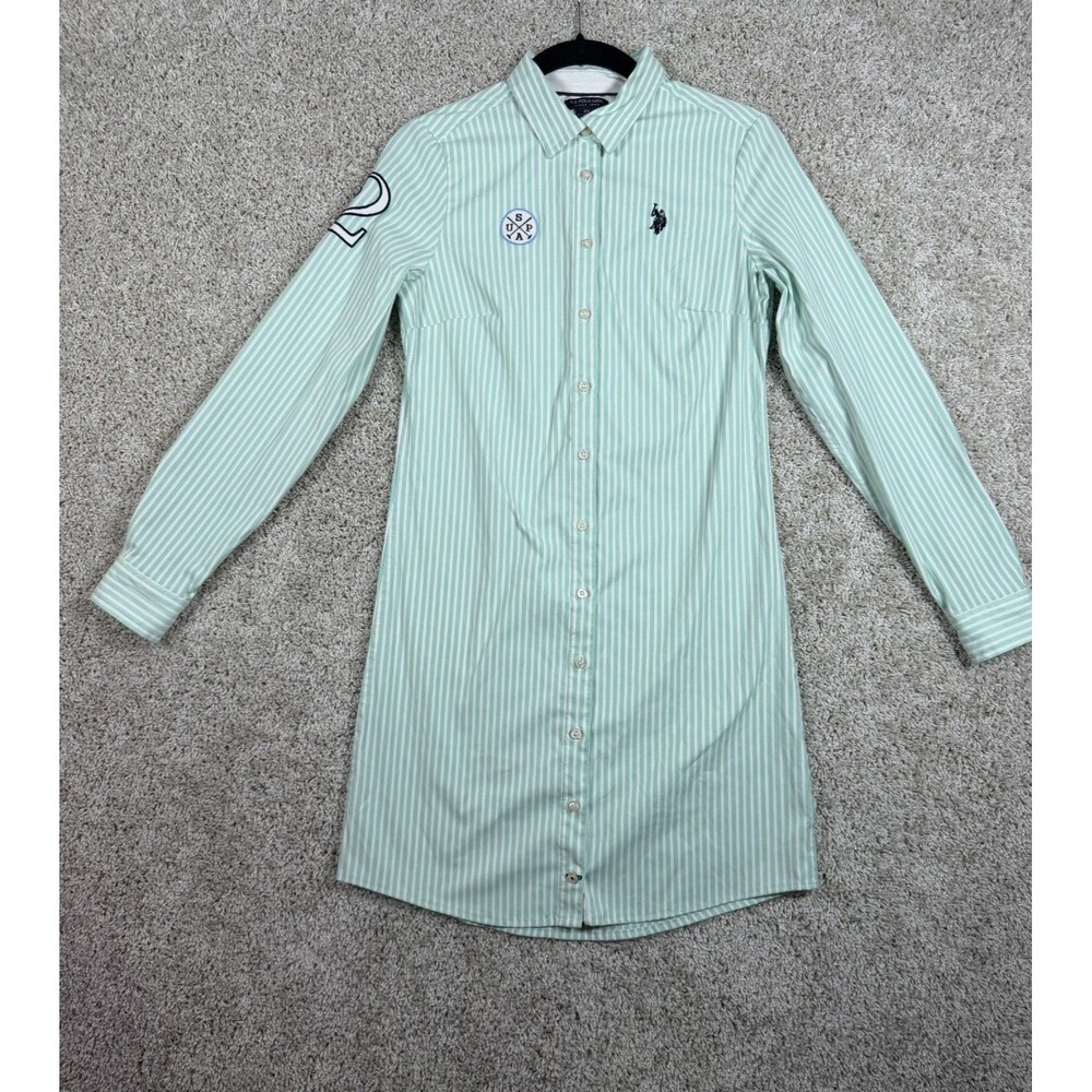 U.S. Polo Assn Green Stripe Shirt Dress Womens XS Button Front Logo Dress